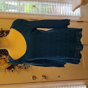 Christina aqua pullover tunic sweater open weave lined round neck 3/4 slv M EUC…